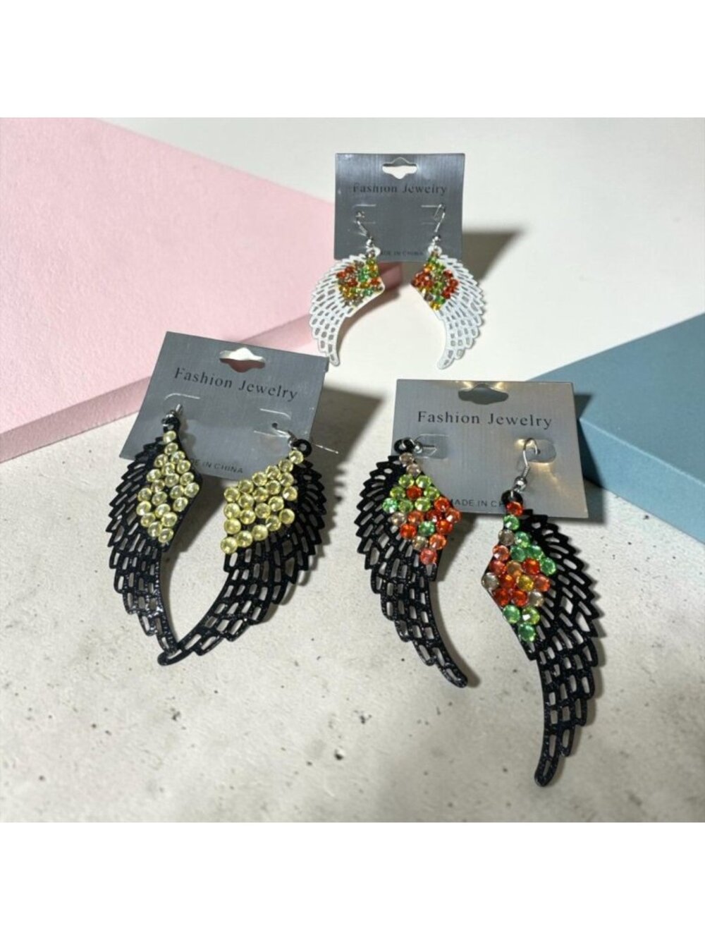 3 Sets of Angel Wing Rhinestone Dangle Earrings Multicolor & Yellow Variants Lig